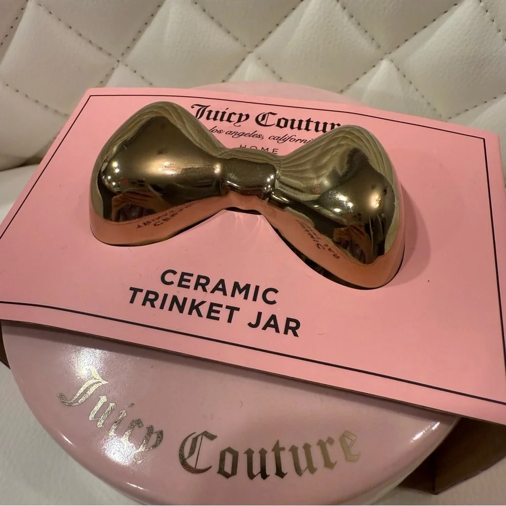 Juicy Couture Pink Bow Ceramic Jewelry Trinket Box Vanity Decor NWT